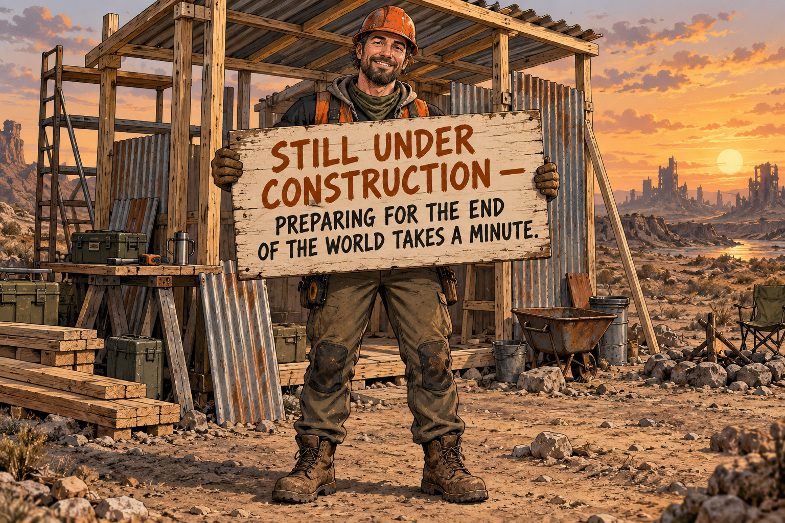 Post-apocalyptic construction worker holding a sign that says this section is still under construction